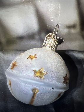 Old world Christmas White Glass Jingle Bell Ornament with Gold Stars